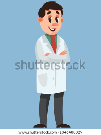 Doctor with his arms crossed. Male character in cartoon style.