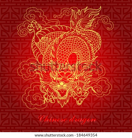 illustration of chinese dragon gold on red background