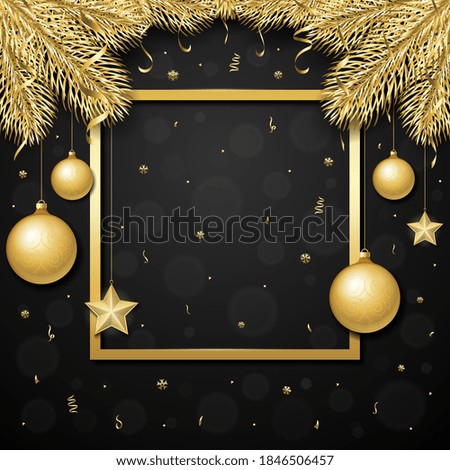 Christmas background with golden blank text frame decorated with fir branches, christmas toys, confetti, serpentine . Can be used as a greeting card, invitation, cover, package design