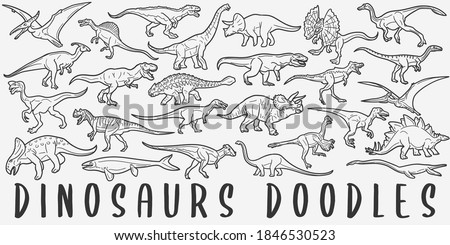 Dinosaurs doodle icon set. Prehistoric Animals Vector illustration collection. Banner Hand drawn Line art style.