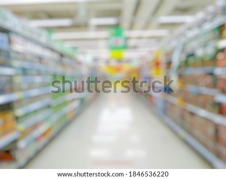 Blurred bokeh products on the shelves of malls or shopping centers with copy space for text.