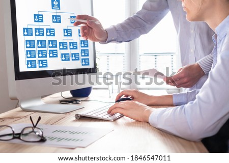 Organization chart with hierarchy structure of teams and employees in company. Human Resources Managers working with HR organizational diagram on computer screen in office, career concept Royalty-Free Stock Photo #1846547011