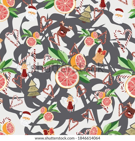 Grey pattern background illustration with grapefruit and holiday toys