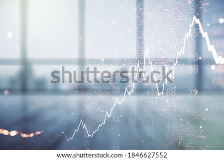 Multi exposure of virtual abstract financial chart hologram and world map on empty modern office background, research and analytics concept