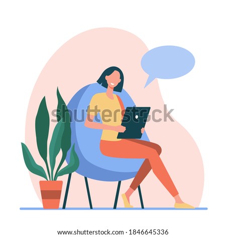 Woman using tablet for online chat at home. Speech bubble, digital device, gadget flat vector illustration. Communication, video call concept for banner, website design or landing web page