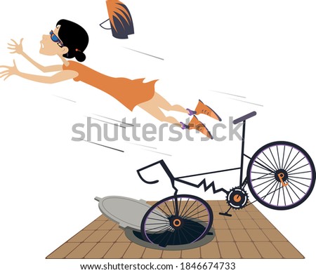 Cyclist woman falling down from the bicycle illustration. Cyclist young woman gets into a sewer manhole and falls down from the bicycle isolated on white
