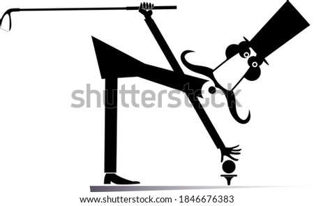 Cartoon long mustache plays golf illustration. Funny long mustache man in the top hat holds a golf club and puts a ball on the stand black on white

