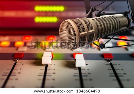 professional microphone and sound mixer in radio station Royalty-Free Stock Photo #1846684498
