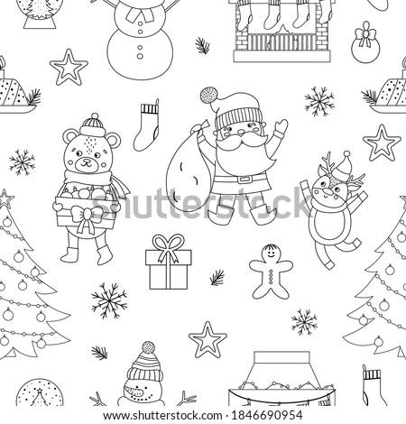 Vector black and white seamless pattern with Christmas elements, Santa Claus in red hat with sack, deer, fir tree, presents. Cute funny line New Year repeating background.
