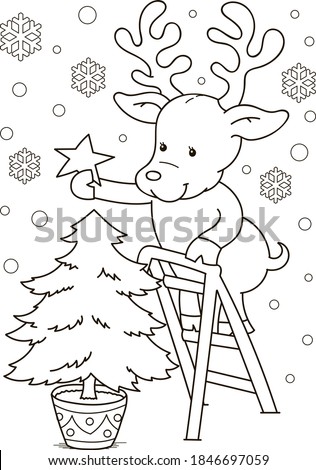 Coloring page outline of cartoon smiling cute deer with Christmas three. Colorful vector illustration, winters coloring book for kids. Royalty-Free Stock Photo #1846697059