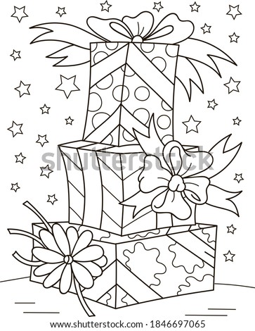 Coloring page outline of cartoon Christmas gifts. Colorful vector illustration, winters coloring book for kids. Royalty-Free Stock Photo #1846697065