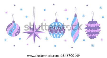 Set of Christmas Decorations in Lilac and Blue Tones with Stars and Snowflakes, on a White Background, Vector Illustration
