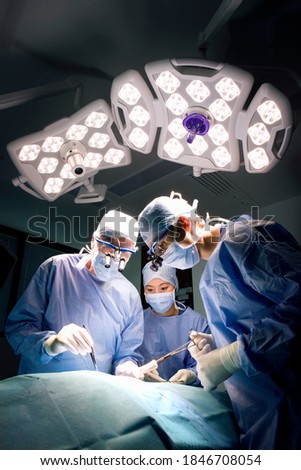A vertical shot of two skilled surgeons performing an operation under the bright electric lamp in a modern operation theatre Royalty-Free Stock Photo #1846708054