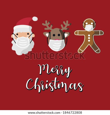 Vector image. Stickers of Santa Claus, tree, snowman, gingerbread cookie and a reindeer with a mask. Funny image to decorate.