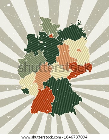 Germany vintage map. Grunge poster with map of the country in retro color palette. Shape of Germany with sunburst rays background. Vector illustration.
