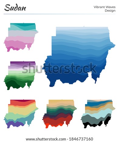 Set of vector maps of Sudan. Vibrant waves design. Bright map of country in geometric smooth curves style. Multicolored Sudan map for your design. Cool vector illustration.