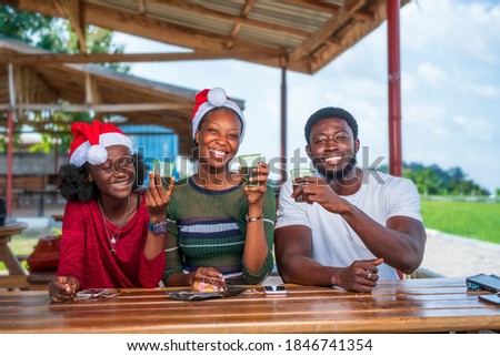 Group of black friends or family wearing Santa hats, raising wine in cups and celebrating Christmas Royalty-Free Stock Photo #1846741354