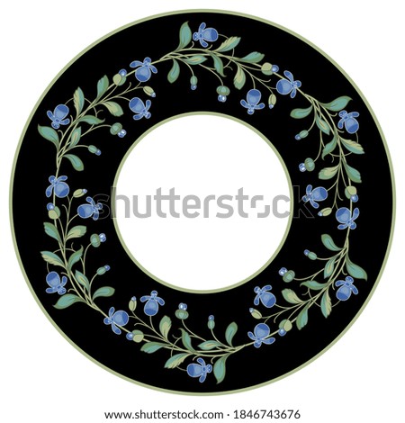 Round floral frame. Wreath of stylized branches with blue flowers in a ring. Folk style.