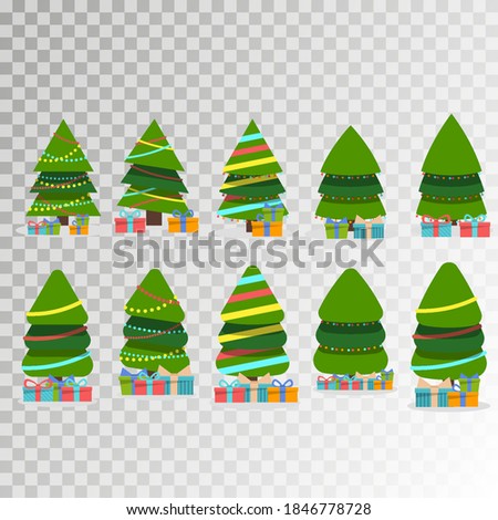 Different Christmas tree set. New Years and xmas traditional symbol tree with garlands, light bulb, star. Winter holiday.