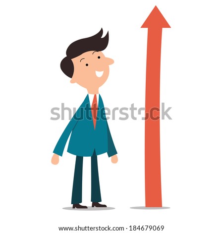 Happy businessman standing and looking at rising arrow, representing to growth business. 