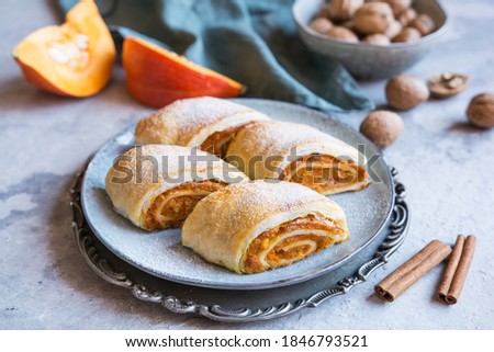 Sweet pumpkin strudel with walnut and cinnamon