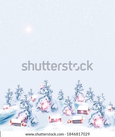  Village in winter snow covered forest. Holiday card.