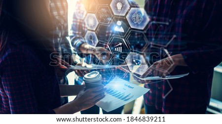 Business people group workers planning teamwork working project digital access control analyzing statistic data, copyspace banner double exposure abstract futuristic modern technology background