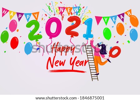 Colorful happy New Year balloons banner with party streamers and confetti, on white background. Vector illustration