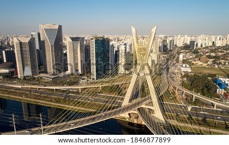 Cable-stayed bridge or Estaiada bridge (Ponte Estaiada), over the Pinheiros river and Marginal Pinheiros, at Sao Paulo city. Brazil. Royalty-Free Stock Photo #1846877899