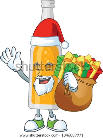 Santa glass of beer Cartoon drawing design with sacks of gifts. Vector illustration