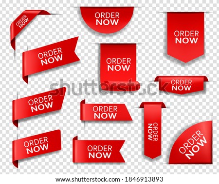 Order now red banners, bookmarks, web design elements. Realistic vector ribbons, corners, isolated 3d icons or labels. Discount silk scarlet promotional event shopping flags, tags and business badges Royalty-Free Stock Photo #1846913893