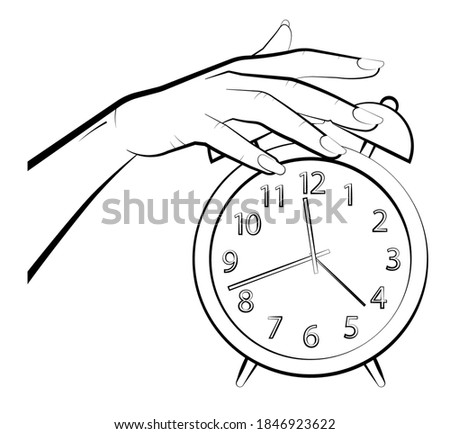 woman hand turns off the alarm. Fatigue and insomnia. Time to wake up concept. Vector