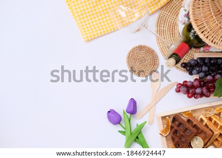 Top view picnic set on white table background and space for text, Summer and holiday