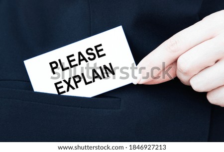 The businessman pockets a card with the text PLEASE EXPLAIN.