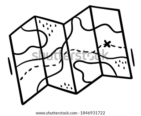 Hand drawn map for traveling in doodle style. Folded paper map with a route. Map for camping, hiking, local tourism. Route on map vector line icon, outline sign, linear pictogram isolated on white.
