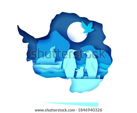 Wildlife of Antarctica, world continent. Vector illustration in paper art style. Mainland Antarctica map with icebergs, penguin family, seal wild animals silhouettes. Royalty-Free Stock Photo #1846940326