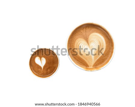 Hot coffee, latte art heart shape. Coffee lovers, isolated with white background.
