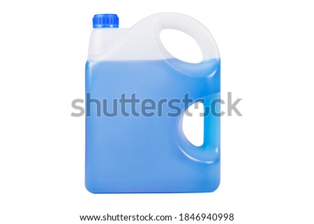 Blue antifreeze in a 5-liter canister. Non-freezing cleaning liquid. There are places for a label. Frontal view.
 Royalty-Free Stock Photo #1846940998