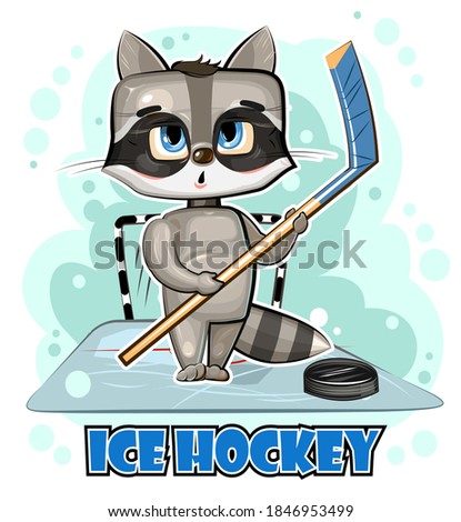 Cute kid Raccoon on ice. Children's winter sports. Illustration for children. Hockey stick and puck. Sport. Funny animal in cartoon style. The picture is isolated on a white background. Vector
