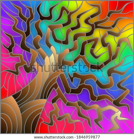 Illustration in stained glass style with an abstract  tree on a rainbow background, square image