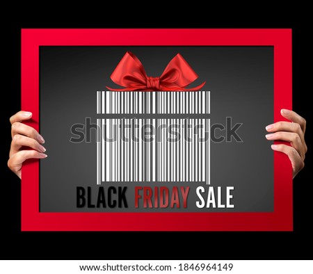 Black friday sale inscription background. Woman holding a sale poster. Sale tag on the black background. 3d Render