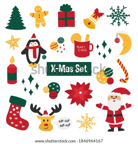 Christmas and New Year set with a lot of elements. Santa Claus, penguin, Christmas sock, Christmas tree, Christmas balls, candle, snowflake