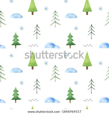 Winter seamless pattern with stylized Christmas trees, snowdrifts, snowflakes and cute bird tracks. Watercolor hand-drawn illustration. Perfect for textile, fabrics, wrapping paper, linens, decoration