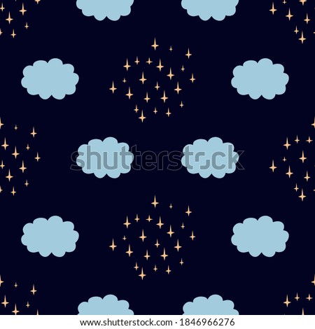 Blue clouds and yellow stars on a blue background. Children's ornament suitable for textiles, wallpaper, packaging. Seamless vector pattern.