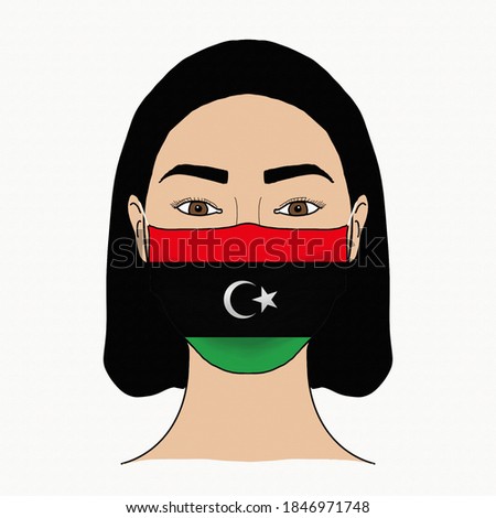 Coronavirus mask crisis. Libya health system. Flag of Libya coronavirus outbreak patterned mask wearing woman.