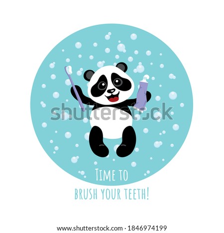 Vector image of a little cute panda brushing teeth. Illustration for children.