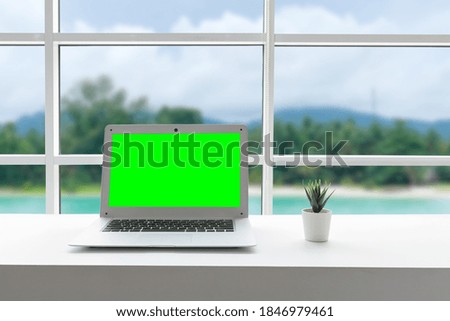 Back view of Open laptop placed on white desktop with decorative plant, on green monitor. Blurry sea view on background.