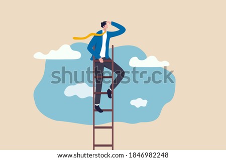 Ladder of success, vision to lead business to achieve goal or opportunity in career concept, smart confident businessman leader climb up to reach top of ladder high in the sky look forward to future. Royalty-Free Stock Photo #1846982248