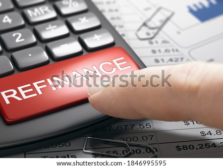Finger about to press a red button on a conceptual refinance calculator. Concept of bad credit repair. Composite image between a hand photography and a 3D background. Royalty-Free Stock Photo #1846995595