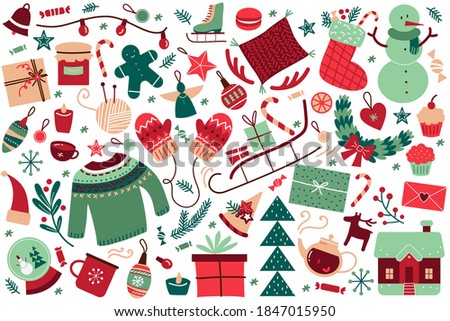 Winter doodle set. Collection of wintry clothing cold season snowman and snowballs or skiing christmas tree isolated on white. Celebration of New Year and xmas illustration. Royalty-Free Stock Photo #1847015950